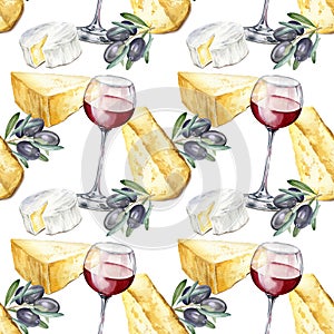 watercolor seamless pattern with wineglass with red wine, brunch of olives and Italian and French cheeses, brie