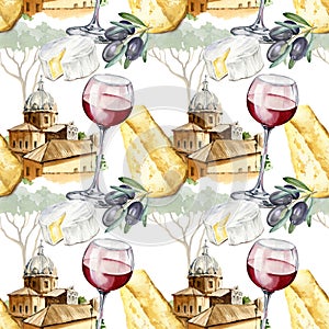 watercolor seamless pattern with wineglass with red wine, Italian and French cheeses, brie, camembert and parmesan