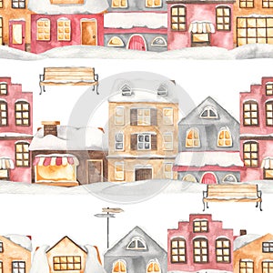 Watercolor seamless pattern with winter city with European houses, streets, Amsterdam houses, benches