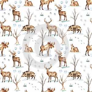 Watercolor seamless pattern with winter forest, bare trees, forest animals, elk, deer, boar, animal footprints in the snow on a