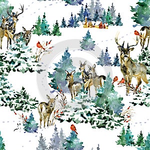 Watercolor Seamless pattern with winter forest and deers