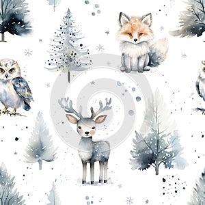 Watercolor seamless pattern with wintry forest animals: fox, reindeer and owl and trees isolated on white background