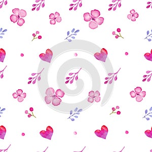 Watercolor seamless pattern withs pink flowers, branches, hearts. Hand drawing illustartion