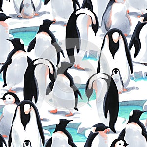 Watercolor seamless pattern witn penguin`s flock on the snow