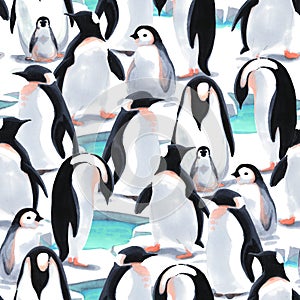 Watercolor seamless pattern witn penguin`s flock on the snow