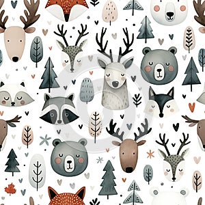 Watercolor seamless pattern with woodland animals - deer, raccoons, fox and bears, along with trees and hearts, isolated on white