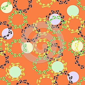 Watercolor seamless pattern yellow, black, green wreaths on a coral background