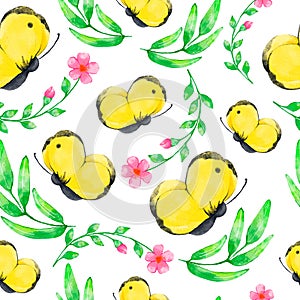 Watercolor seamless pattern with yellow butterflies, green leaves and pink flowers
