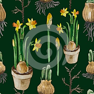 Watercolor seamless pattern Yellow daffodils.