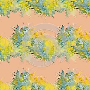 Watercolor seamless pattern from yellow-green abstract blotted stripes