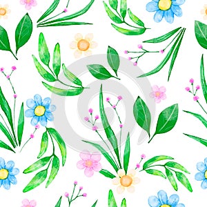 Watercolor seamless pattern with yellow, green leaves and pink flowers.