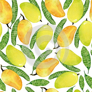 Watercolor seamless pattern with yellow mango fruits and leaves