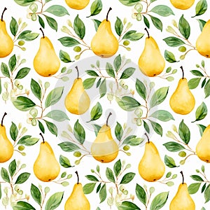 watercolor seamless pattern with yellow pears and green foliage. Ai generated