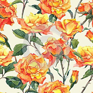 Watercolor Seamless Pattern with Yellow Roses