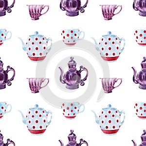 Watercolor seamless patterns with multicolored teapots