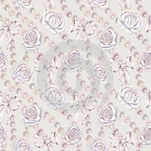 Watercolor seamless patterns with white roses, green leaves in a pastel palette in vintage style for wedding
