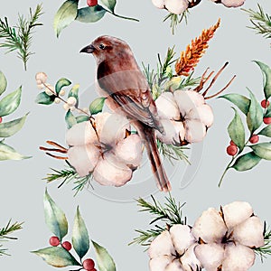 Watercolor seamless patttern with bird and cotton. Hand painted floral illustration with white flower, snowberries