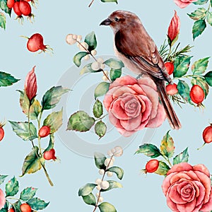 Watercolor seamless patttern with bird and rose. Hand painted floral illustration with snowberries, dogrose, leaves and