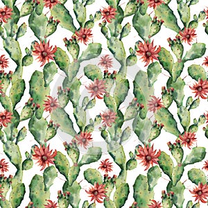 Watercolor seamless patttern with cactuses and flowers. Hand painted opuntia on white background. Illustration