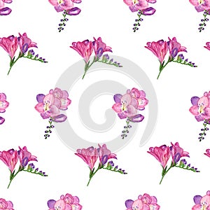 Watercolor. Seamless repeat pattern. Pink purple exotic flower with buds. Watercolor illustration of freesia, hand-drawn