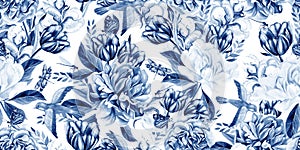 Watercolor seamless spring pattern with peony, tulip, cotton and birds.