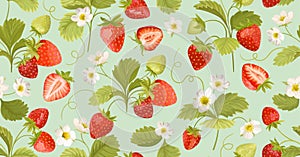 Watercolor Seamless Strawberry pattern with flowers, wild berries, leaves. Vector background texture photo