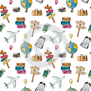 Watercolor seamless travel pattern with airplane, suitcase, signpost, globe, camera, bag, backpack, passport and tickets.