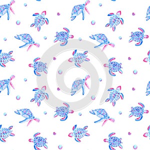 Watercolor seamless turtle medusa pattern. Sea eco concept in blue pink colors. Textile drawing, fashion, canvas print.