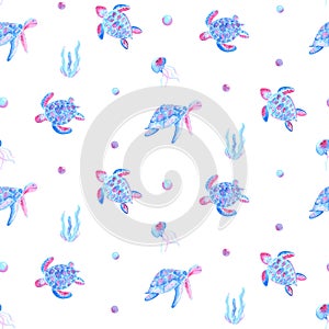 Watercolor seamless turtle medusa pattern. Sea eco concept in blue pink colors. Textile drawing, fashion, canvas print.