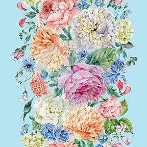 Watercolor seamless vertical border with blooming peonies, roses