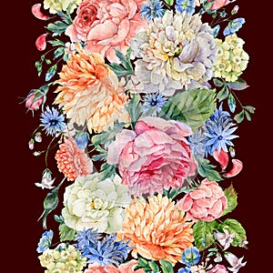 Watercolor seamless vertical border with blooming peonies, roses