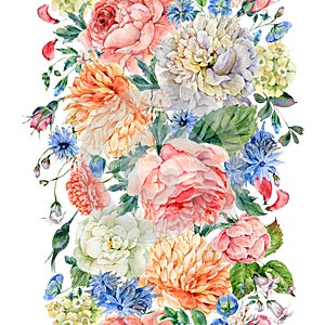 Watercolor seamless vertical border with blooming peonies, roses photo