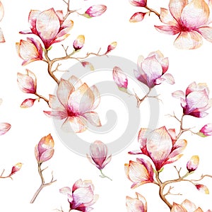 Watercolor seamless wallpaper with magnolia flowers, leaves.