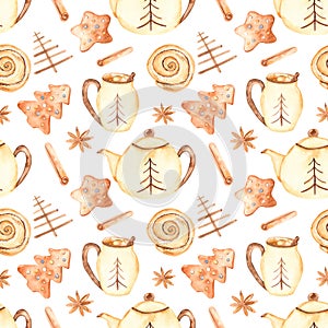 Watercolor seamless winter christmas hygge pattern with teapot, mug and pastries White background
