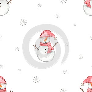 Watercolor seamless winter pattern with snowman, snowflakes, childish print on white background