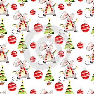 Watercolor seamless xmas pattern with mice and decor