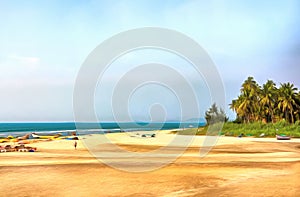 Watercolor seascape. Digital painting - illustration. The shore of the bay. Sea beach, palm trees and bright sand. Watercolor