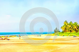 Watercolor seascape. Digital painting - illustration. The shore of the bay. Sea beach, palm trees and bright sand. Watercolor