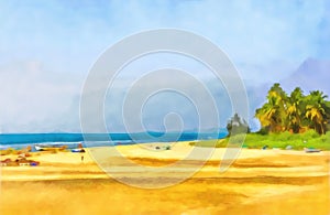 Watercolor seascape. Digital painting - illustration. The shore of the bay. Sea beach, palm trees and bright sand. Watercolor