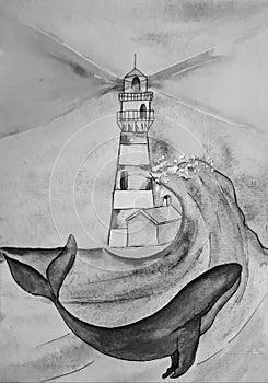 watercolor seascape lighthouse on a whale,sea wave,ocean water