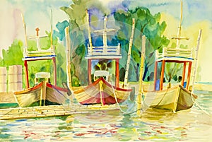 Watercolor seascape original painting on paper colorful of fishing boat