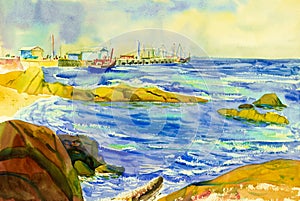 Watercolor seascape painting colorful of fishing boat,landing