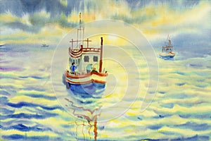 Watercolor seascape painting colorful of fishing boat in sun