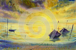 Watercolor seascape painting colorful of fishing boat in sun eve