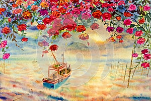 Watercolor seascape painting colorful of red roses with fishing boat