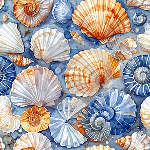Watercolor Seashells Pattern on Blue Background