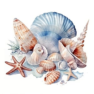 Watercolor of seashells, starfish, on an isolated white background, hand drawing illustration, summer sea clipart, Genertive AI