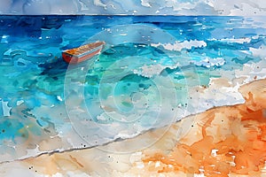 Watercolor Seashore with Rowboat. Generative AI Watercolor