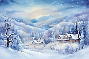 Watercolor Seasons: Snow-Covered Village