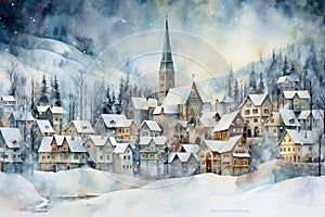 Watercolor Seasons: Snow-Covered Village